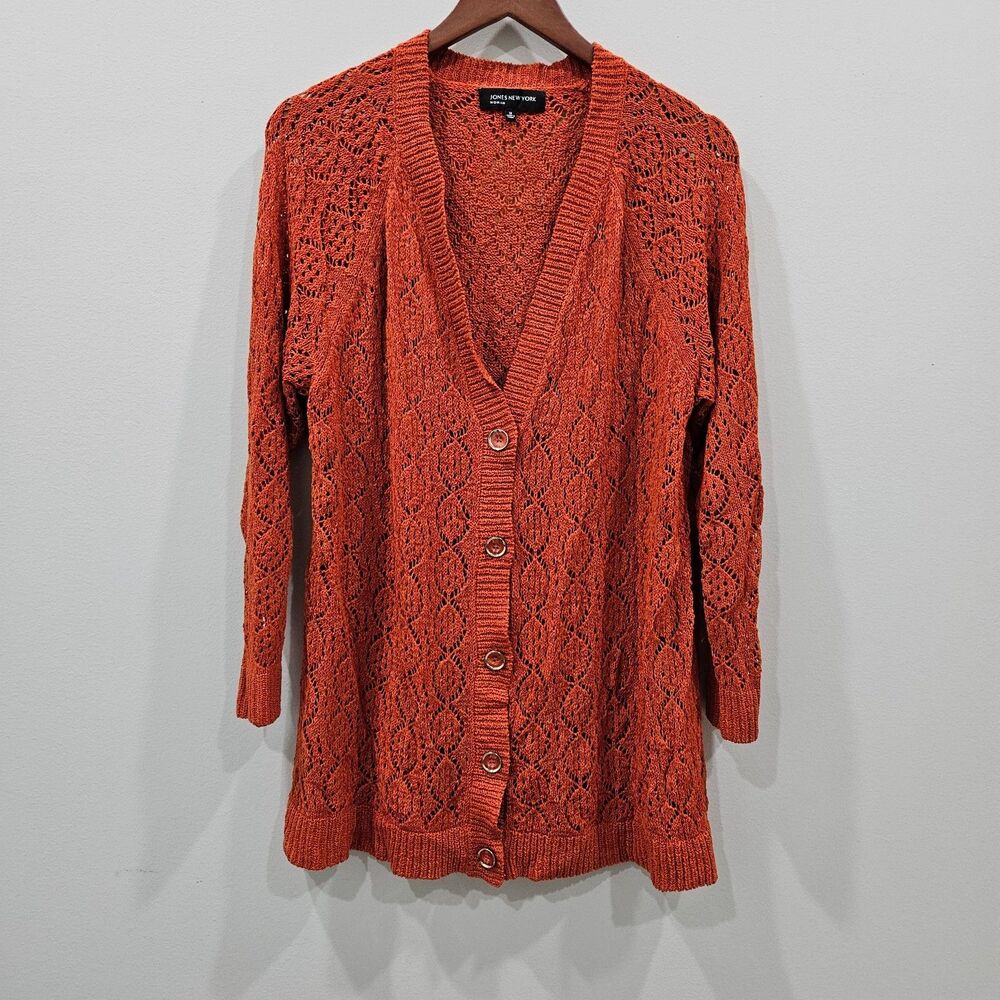 Jones New York Womens Open Knit Cardigan Sz 1X Rust Orange Y2K Cottagecore Fall